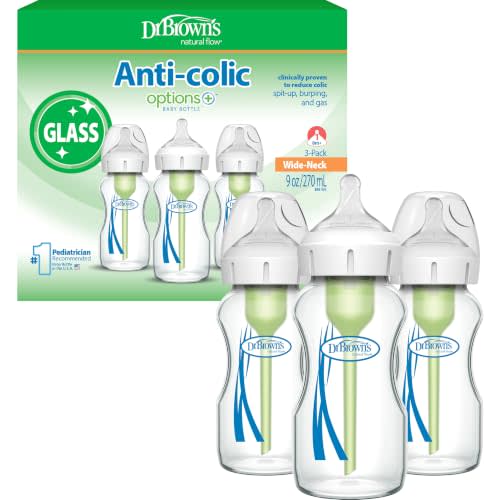 Dr. Brown's Anti-Colic Options+ Wide-Neck Glass Baby Bottle, 9 oz, 3-Pack | Clinically proven to reduce colic, glass bottles with Level 1 slow flow nipple, 0m+, BPA-free