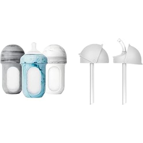 Boon Nursh Silicone Baby Bottles with Conversion Straw Sippy Cup Lids - Stage 2 Medium Flow Nipples - 8 Oz - 3 Count