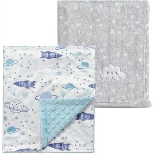 CREVENT 2Pcs 30''X40'' Cute Cozy Fluffy Warm Baby Blankets for Infants Toddlers' Bedding Crib Cot Stroller - Grey Cloud + Minky Space