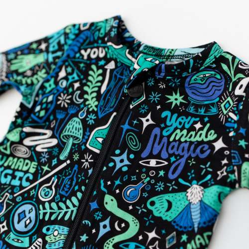 Bamboo Footie Zipper Baby Pajama - Mystic Mama Blue Bamboo Onesie Sleeper - You Made Magic Affirmation – Raising Mama