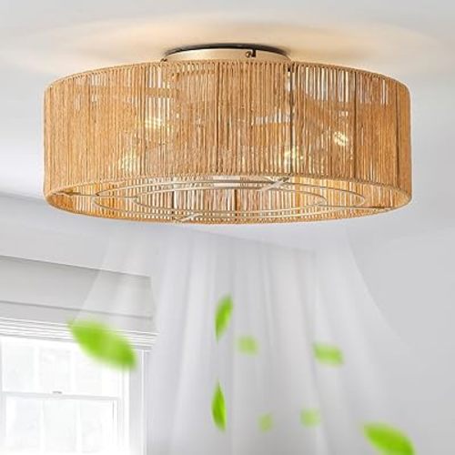 Ceiling Fans with Lights, 20" Boho Ceiling Fan with Light Flush Mount, Drum Rattan Low Profile with 6 Speeds, Remote Control for Bedroom, Nursery, Living Room (Yellow)