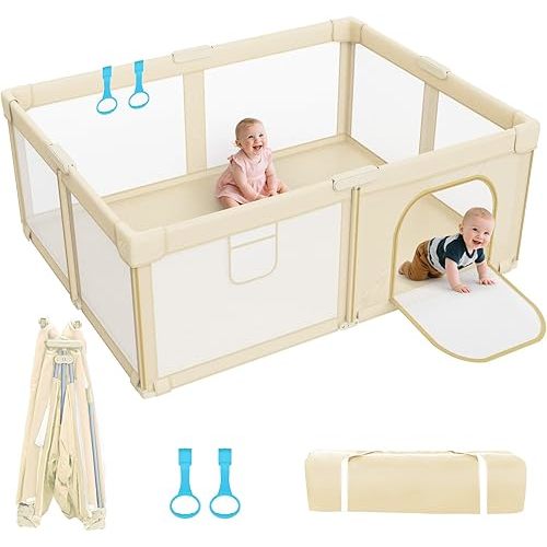 Foldable Baby Playpen: 71” x 59” Super Large Playpen for Babies and Toddlers - Portable Play Pen for Babies with Breathable Mesh & 2 Pulling Handle - Baby Play Yard for Outdoor & Indoor