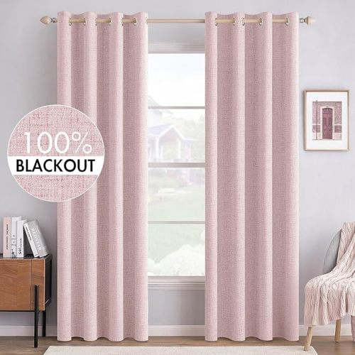 MIULEE Linen Texture Curtains for Bedroom Solid 100% Blackout Thermal Insulated Pink Curtains Grommet Room Darkening Curtains/Draperies for Living Room Nursery 52x84 Inch (2 Panels)