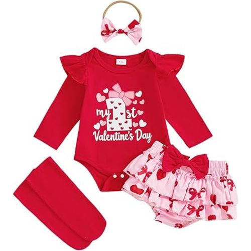 MoZiKQin Baby Girl Easter Outfit Bunny Cross Romper Onesie Ruffle Layered Shorts Headband Socks Cute Easter Clothes
