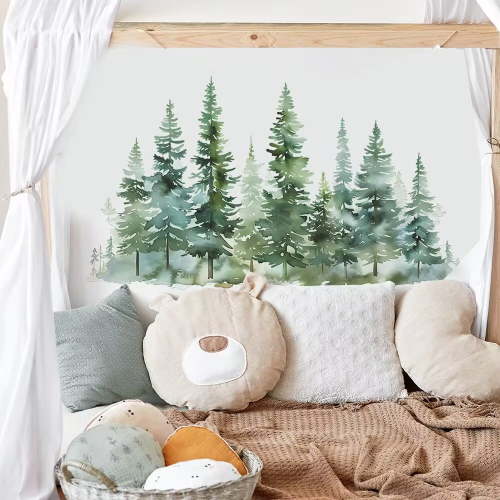 Watercolor Wall Decals Peel and Stick Large Tree Wall Sticker Christmas Clipart Forest Stickers for Children Kids DIY Living Room Bedroom Woodland Nursery Decor(Pine Tree)