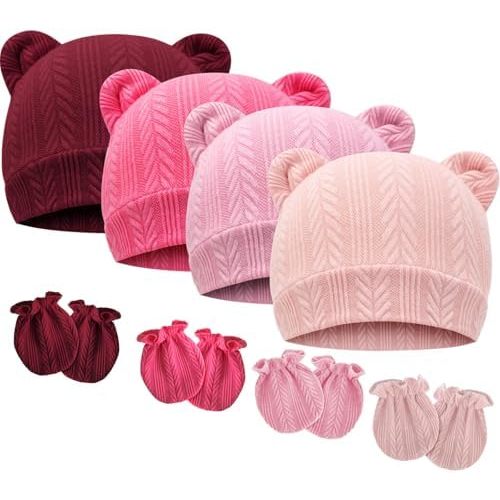 BQUBO Newborn Baby Hats Bear Ears and Mittens Sets Preemie Caps Baby Boy Girl Infant Hospital Beanie for 0-3 Months