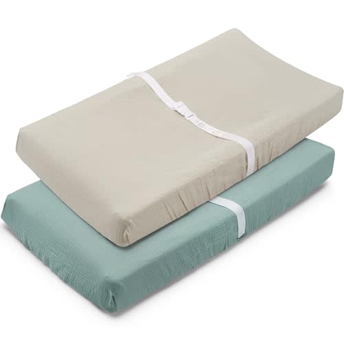 PET REJOIR Muslin Changing Pad Cover for Baby Girls Boys-2 Pack 17"x 33" Cotton Soft Breathable Diaper Changing Pad Cover-Cozy Changing Pad Sheets-Neutral Boho Sage Green & Beige