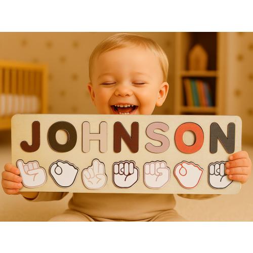 Personalized ASL Language Wooden Name Puzzle, Custom Gift for Educational Baby Gift, Montessori Wood Busy Board, Learning Toy for Toddlers