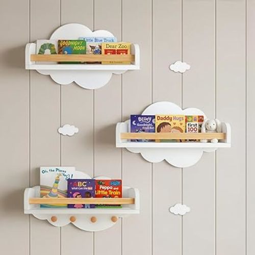 Cloud Floating Shelves Nursery Set of 3 with Decorative Mini Clouds – Wall Mounted Kids Bookshelf with Hooks, Solid Pine Rail, 15 lb Per Shelf Capacity, Nursery & Toddler Wall Decor