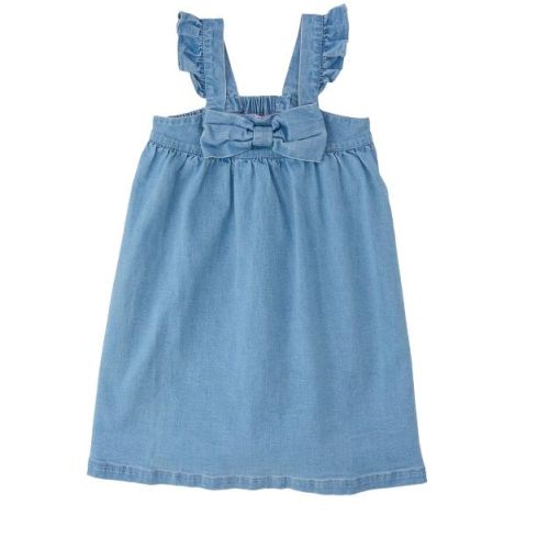 RuffleButts Girls Stretch Denim Flutter Bow Dress - Light Wash, 3-6m
