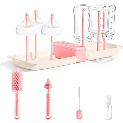 Travel Bottle Cleaner Kit with Storage Case, 7-in-1 Baby Portable Bottle Washing Kit for Travel and Home, All-in-One Baby Bottle Brush Set with Drying Rack for Bottles and Breast Pump Parts (Pink)