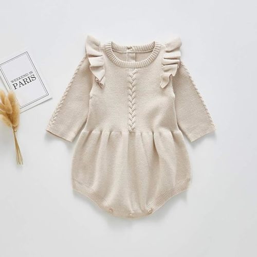 IMEKIS Newborn Baby Girls Sweater Romper Knit Fall Outfit Ruffles Long Sleeve Knitted Bodysuit Winter Clothes for Photo Shoot - 3-6 Months - Apricot