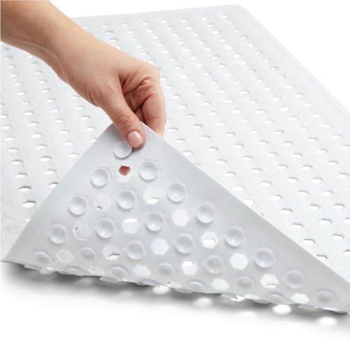 GORILLA GRIP Patented Bath Tub Shower Mat, Machine Washable Bathtub Floor Liner Mats, Suction Cups and Drain Holes to Keep Tubs Clean, Soft on Feet, Bathroom Essentials, 35x16 Inch, White