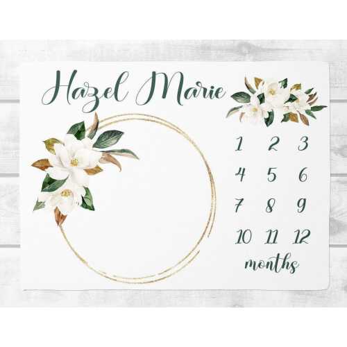 Magnolia Milestone Blanket Girl, Personalized Baby Girl Blanket, Month Blanket Personalized Baby Shower Gift, Magnolia Blanket, New Mom Gift