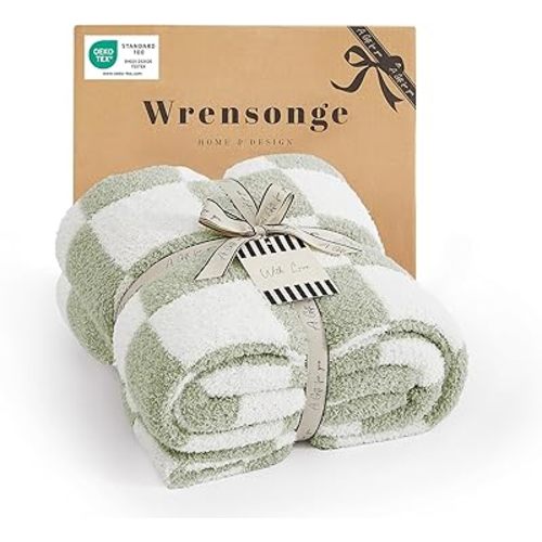 WRENSONGE Checkered Throw Blanket, Sage Green Soft Cozy Fluffy Hand Made Throw Blankets for Couch, Sofa, Chair, Bed, Camping, Picnic, Travel Lightweight Bed Blankets for Women Mothers Birthday Gifts