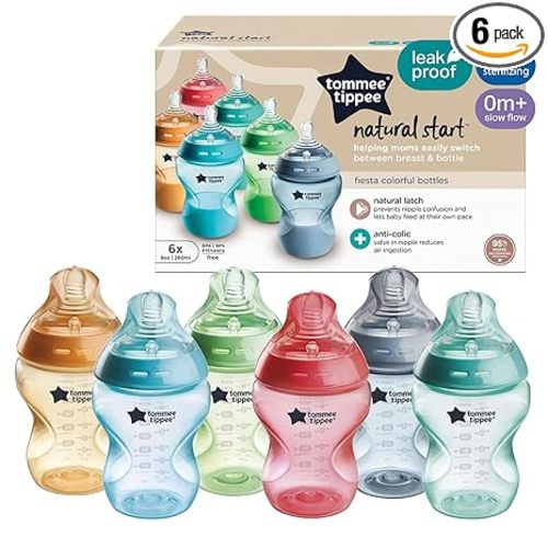 Tommee Tippee Natural Start Anti-Colic 9 oz BPA Free Baby Bottles, 0+ Months, Slow Flow Breast-Like Nipple, Self Sterilizing, Designed for Seamless Transition Between Bottle & Breast, Fiesta,Pack of 6
