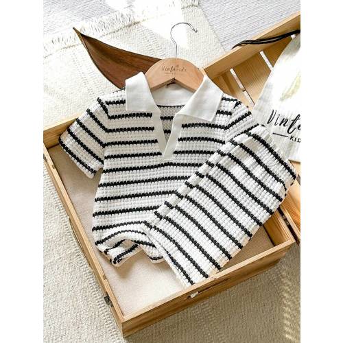 SHEIN Vintaside Kids 2pcs Baby Boy Colorful Retro Fashion Polo Collar Contrast Stripe Short Sleeve Outfit Set, Suitable For Outings, Casual Wear, Sports, Parties To Showcase Vitality And Personalized | SHEIN USA