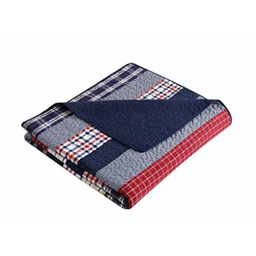 Chezmoi Collection Milton 1-Piece Plaid Checkered Patchwork Striped Quilted 100% Washed Cotton Reversible Throw Blanket