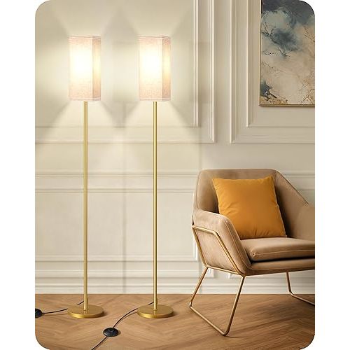 GOEBLESON 2Pack Floor Lamp, Pole with Foot Switch, Modern Standing Lamp Lampshade, Minimalist Freestanding Lamp (Bulb Not Included), for Living Room,Bedroom,Office,ETL Listed,Gold and Beige DE07LDP205