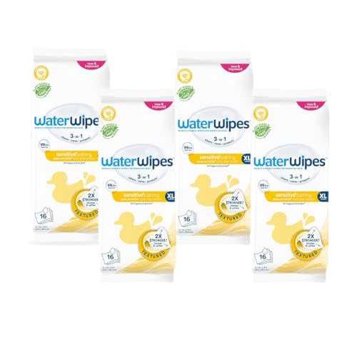 WaterWipes Sensitive+ Bathing Wipes, 3-In-1 Cleans, Cares, Protects, 99.9% Water, Unscented & Hypoallergenic, 16 Count (Pack of 4)