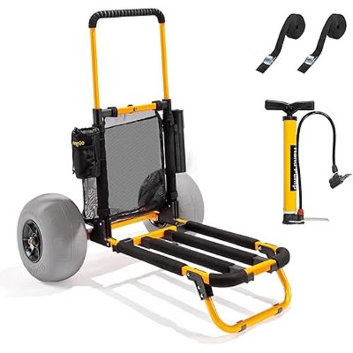 Bonnlo Beach Fishing Cart, Beach Wagon Trolley with 12" Big Balloon Wheels, Foldable, Orange, Aluminum Frame & Handle, 23" x 15" Cargo Deck, Fishing Rods & Water Bottle Holders, Mesh Bag, Hand Pump