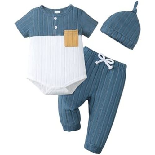 Renotemy Preemie Newborn Boy Summer Clothes Gift Short Sleeve Button Romper Baby Boys Bodysuit Long Pants Outfit Set with Hat