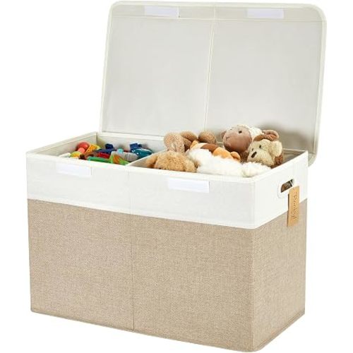 Large Toy Storage Box with Lid, Collapsible Toys Storage Organizer Bins with Dividers and Handles, Storage Chest Bin for Kids, Boys, Girls, Nursery 25"x13" x16" (Beige & White)