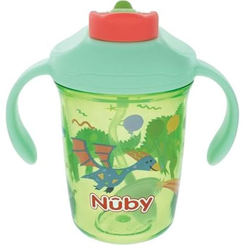 Nuby Multi-Function 2-in-1 Cup – 8oz Toddler Cup with Free Flow 360° Weighted Straw & Hard Spout – Easy Grip Handles, Flip-It Top for Spill Prevention – Dinosaurs