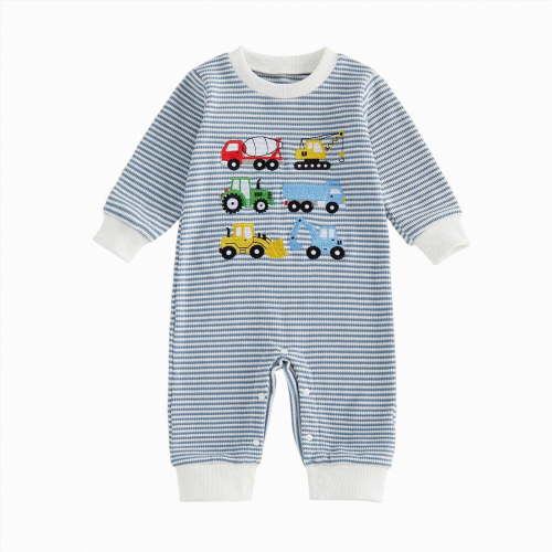 Gerichy Baby Boy Fall Clothes Newborn Winter Outfit Truck Embroidered Jumpsuit Waffle Striped Long Sleeve Romper Onesie 0-18 Months