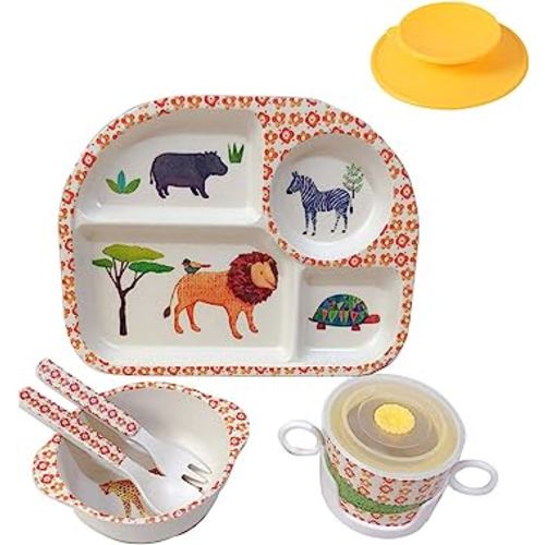shopwithgreen 7Pcs/Set Bamboo Kids Dinnerware Set - Children Dishes - Food Plate Bowl Cup Spoon Fork Set Dishware, Cartoon Tableware, Dishwasher Safe Kids Healthy Mealtime, BPA Free