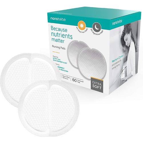Nanobébé Disposable Nursing Pads Absorbent Breast Pads Day Ultra Thin, Day & Night, Contoured and Leakproof Breastfeeding Essentials (60 Count)