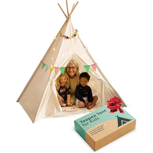 PLAYVIBE Teepee Tent for Kids - Castle Theme, Plastic Canopy - Indoor & Outdoor Toddler Playhouse with LED Star Lights & Cozy Reading Nook