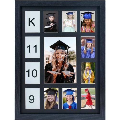 School Years Picture Frame K-12 Day Graduation Photo Collage Black Frame with Mat, Displays One 5x7 Photo and Twelve 2.5x3.5 Pictures