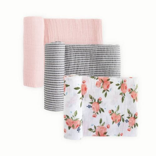 Little Unicorn Cotton Muslin Swaddle Blanket - Watercolor Roses 2 - 3pk: Abstract Pattern, 47" x 47"