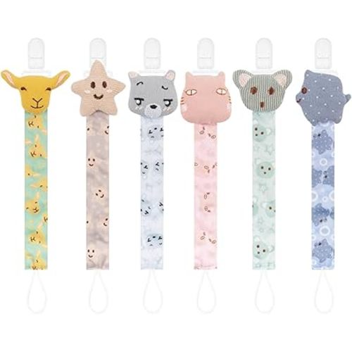 Babygoal Doll Pacifier Clips with Pacifier Case, 6 Pack Binky Paci Holder Clips and Leash for Boys and Girls Fits for Most Pacifier, Binkie Styles & Baby Teethers & Toys and Gift 6PS33-GZ