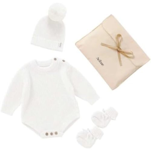 Avibae Cotton Newborns Set with Knit Sweater, Beanie, Booties for Baby Boys and Girls, Warm Cute Infant 3 Piece Set