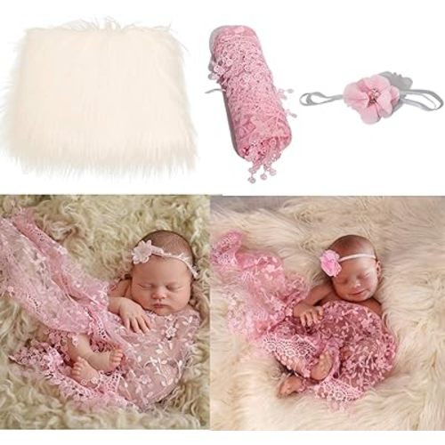 3pcs Baby Photography Set, Baby Photo Props Fluffy Blanket + Wrap + Headband Set Newborn Photography Wrap Mat