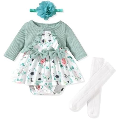 Unutiylo Baby Girl Fall Winter Outfit Dress Floral Print Long Sleeve Romper Clothes with Headband