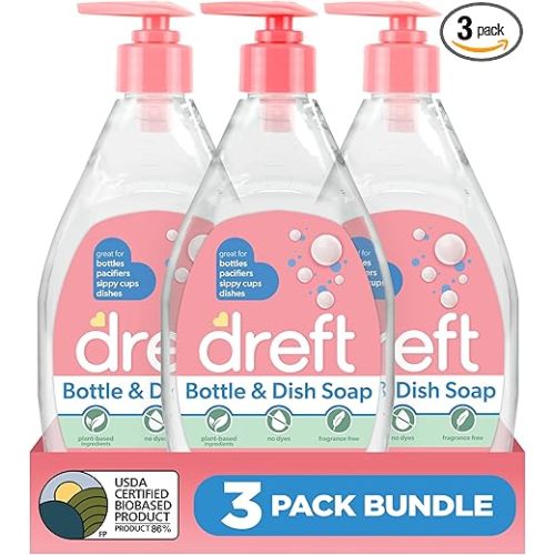 DREFT Bottle and Dish Soap | Made to Clean Baby Bottles, Sippy Cups, Pacifiers, Breast Pumps, & More | Gently Removes Milk Film & Odors | Plant Based, Fragrance Free Dish Soap | 18 Fl Oz (Pack of 3)