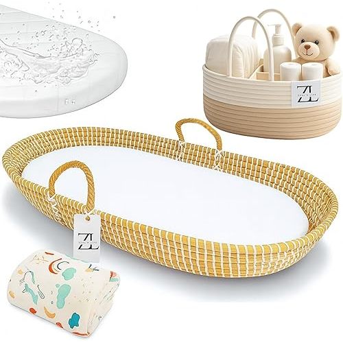 ZEAL'N LIFE Seagrass Baby Changing Basket Set – Portable Diaper Changing Station for Dresser | Waterproof Changing Pad, Baby Towel & Diaper Caddy, Moses Basket for Newborns, Complete Nursery Bundle