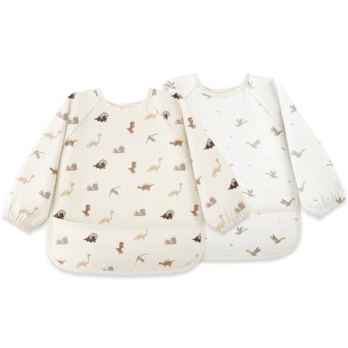 Susurration Baby Long Sleeve Bib Waterproof Sleeved Bib Smock for Baby | 2 Pack Baby Reusable Feeding bibs, 6-36 Months Baby Feeding Essentials- Brown Dinosaur