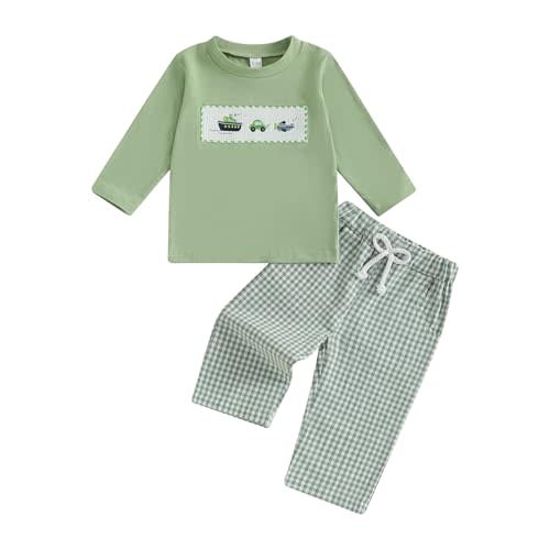 Toddler Baby Boy Fall Clothes Trucks Print Long Sleeve Shirt Tops Plaid Elastic Waist Pants Set Fall Outfits 2Pcs