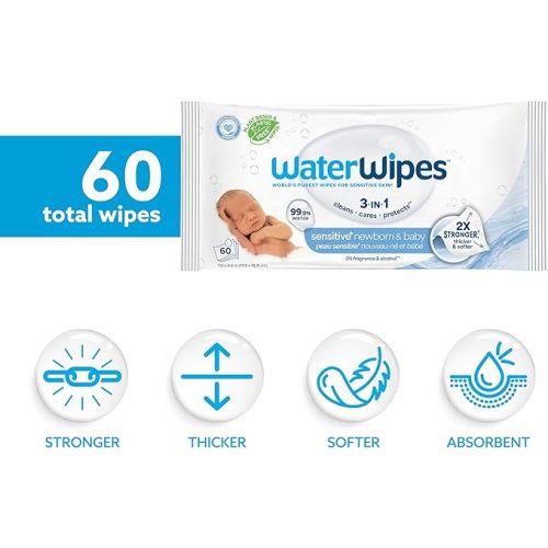 WaterWipes Sensitive+ Newborn & Baby Wipes, 3-In-1 Cleans, Cares, Protects, 99.9% Water, Unscented & Hypoallergenic, 60 Count