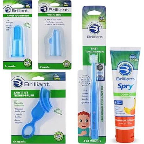 Baby Buddy Brilliant Infant Oral Care Set, 5 PC, Includes Tooth Gel, Finger Toothbrush, Wipe-N-Brush, Baby's 1st Toothbrush, Baby Toothbrush, Silicone Bristle Toothbrushes - Teethers, Blue