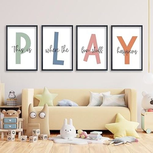 This Is Where The Fun Stuff Happens Kids Playroom Wall Art 11x16 Inch Set Of 4 Rustic Kids Wood Framed Boy Sign Toddler Modren Nursery Interesting Let's Play Prints Wall Hang Decor (Black)