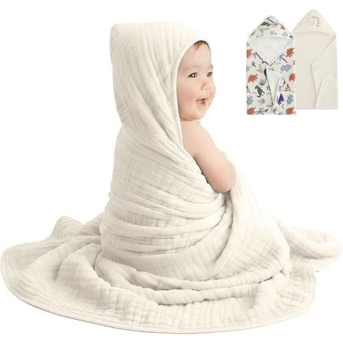david's kids 2 Pack Hooded Baby Towels, Large 32"x32", 6 Layer 100% Muslin Cotton Highly Absorbent Boy Bath Towel for Newborn, Infant and Toddler, Soft and Breathable Baby Essentials, Dinosaur Story