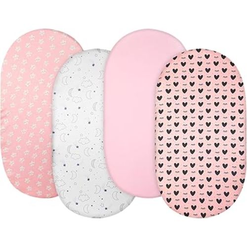 Breling 4 Pack Satin Bassinet Sheet Set for Baby Soft Silk Feeling Cradle Sheets for Oval Rectangle Hourglass Bassinet Mattress Pad Protect for Baby Hair Skin(Stars&Clouds&Moon&Heart,Pink/Beige)