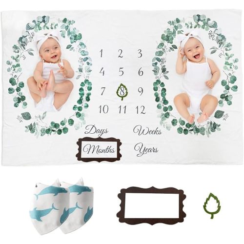 Twins Baby Milestone Blanket for Boys & Girls, Premium Flannel Photography Background Prop Blankets, Neutral Boho Green Leaf Wreath…