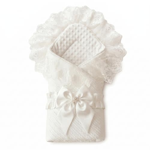 Luxury White Lace Baby Receiving Blanket with Bow, 31.5"×31.5" Newborn Photo Prop & Christening Gift, 3D Minky Dot Lining, Soft Breathable Nursery Throw