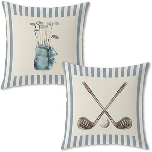 Blue Striped Golf Pillow Covers 18x18 Set of 2, Gifts for Golf Lovers, Golfer Gifts Decorative Throw Pillow Cover for Kids Boys Bedroom Playroom Man Cave Sports Room
